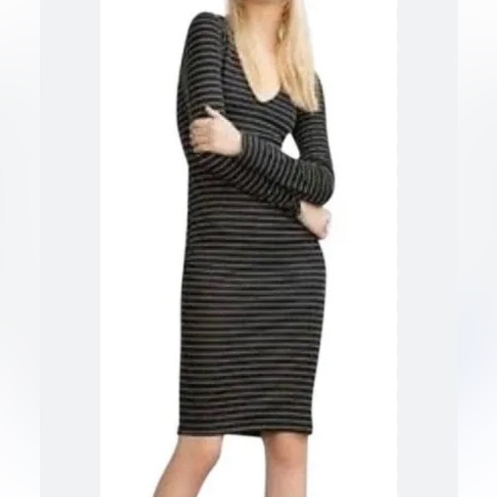ZARA TRAFALUC women’s black with gold striped dress bodycon fit stretch midi L